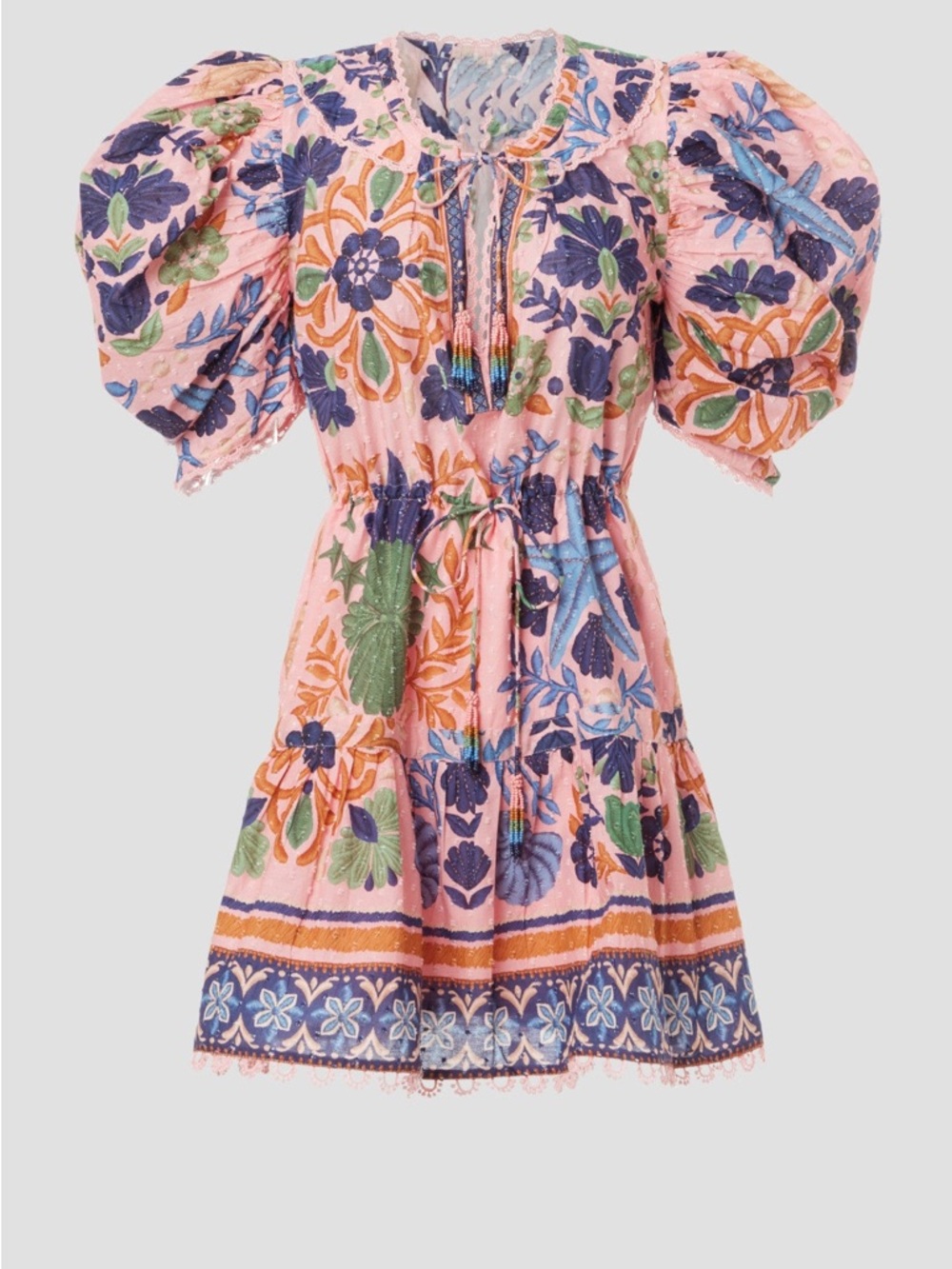 Farm Rio Pink Floral Mini Dress XS Puff Sleeve Boho Embroidered Drawstring Waist